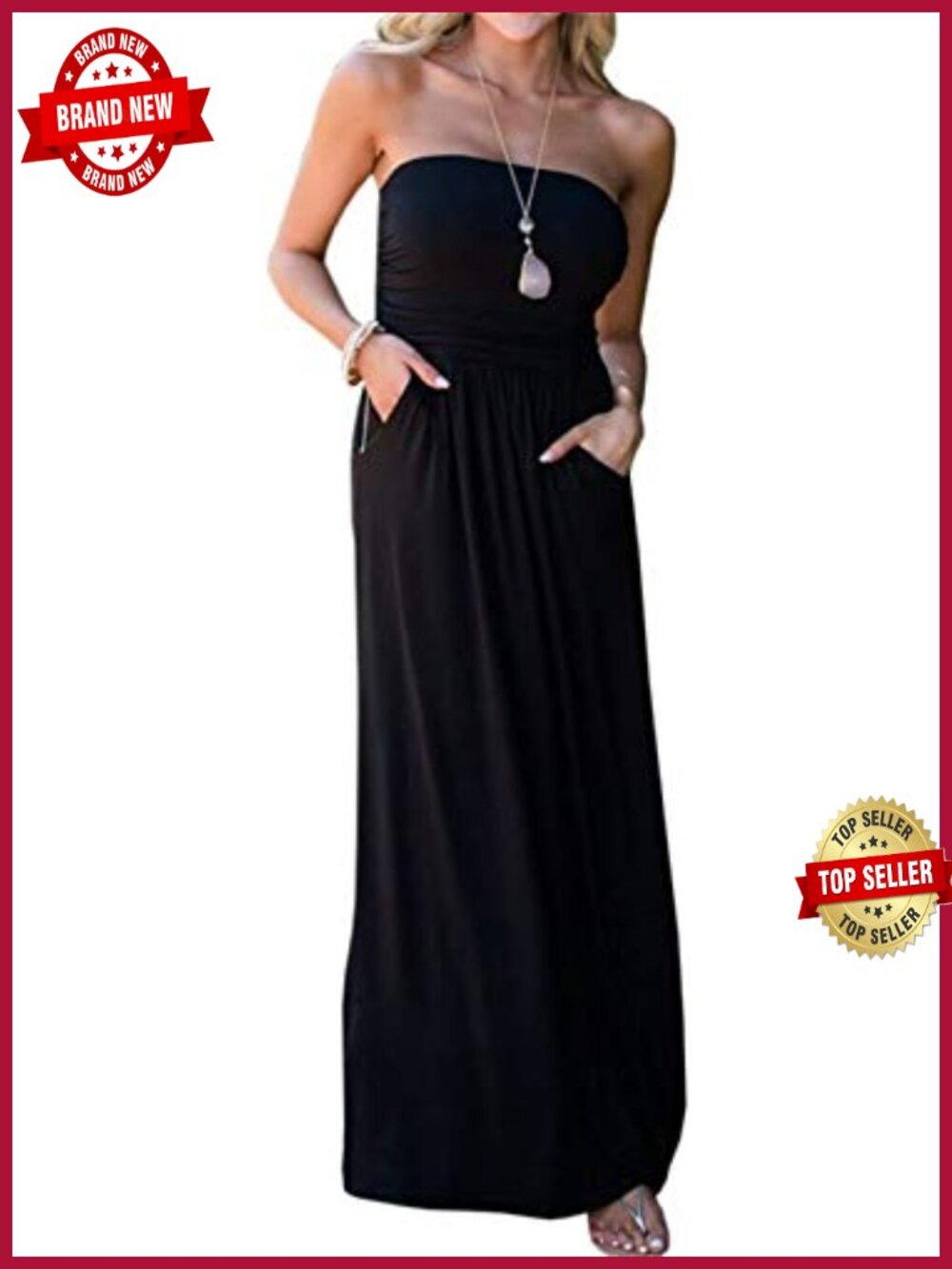 Off Shoulder Maxi Dress with Pockets | Tube Top Empire Waist Floor Length Beach